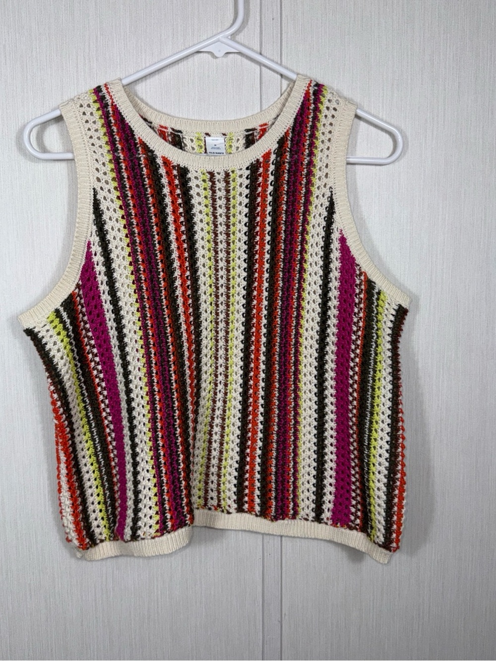 Old Navy M Crochet Tank Top in Cream with Pink, Orange & Green Stripes